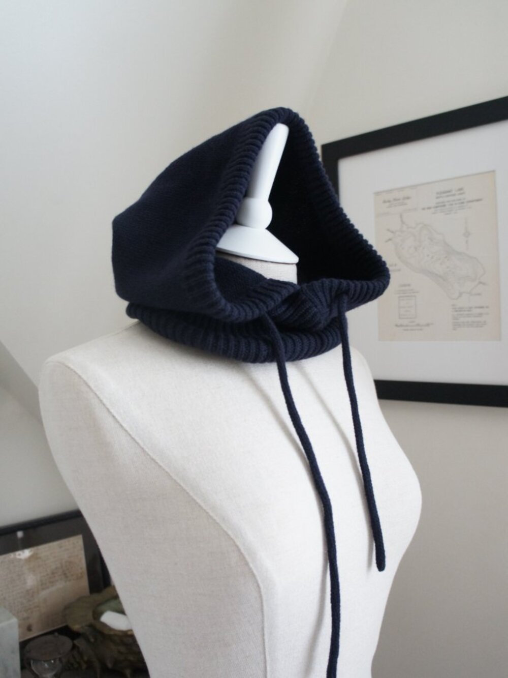 Dark Navy Merino Wool Hand Knitted Hood, Cowl, Balaclava With Drawstrings NWT - Picture 4 of 8